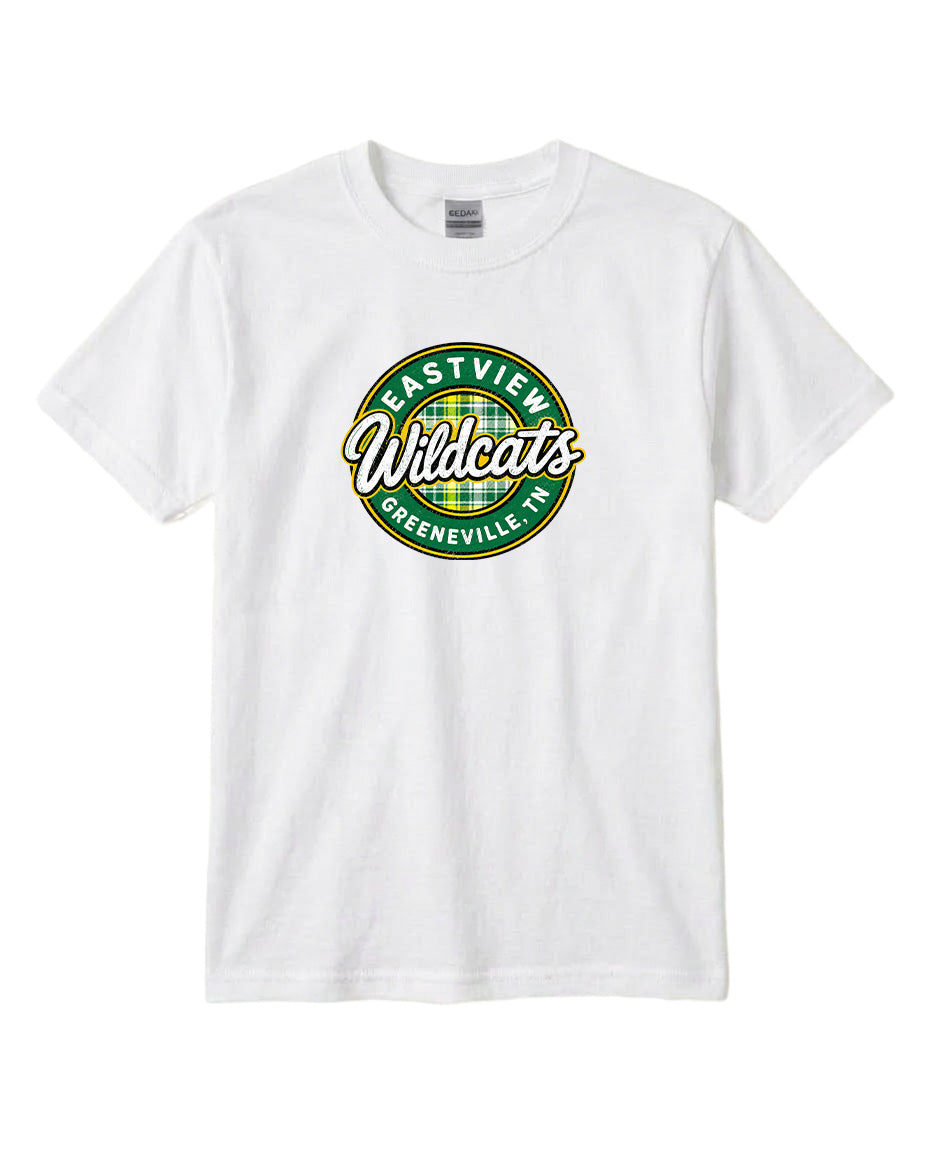 A white t-shirt with a circular logo that says "Eastview Wildcats Greeneville, TN".