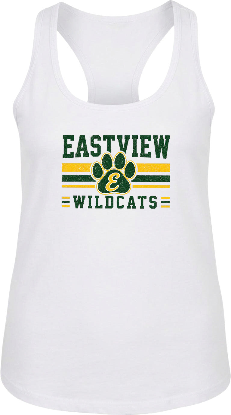 A white tank top with a graphic design featuring the text "EASTVIEW WILDCATS" and a paw print logo.