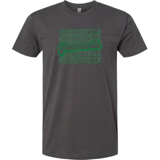 A gray t-shirt with a green graphic design featuring the text "Greenville" repeated in a pattern.