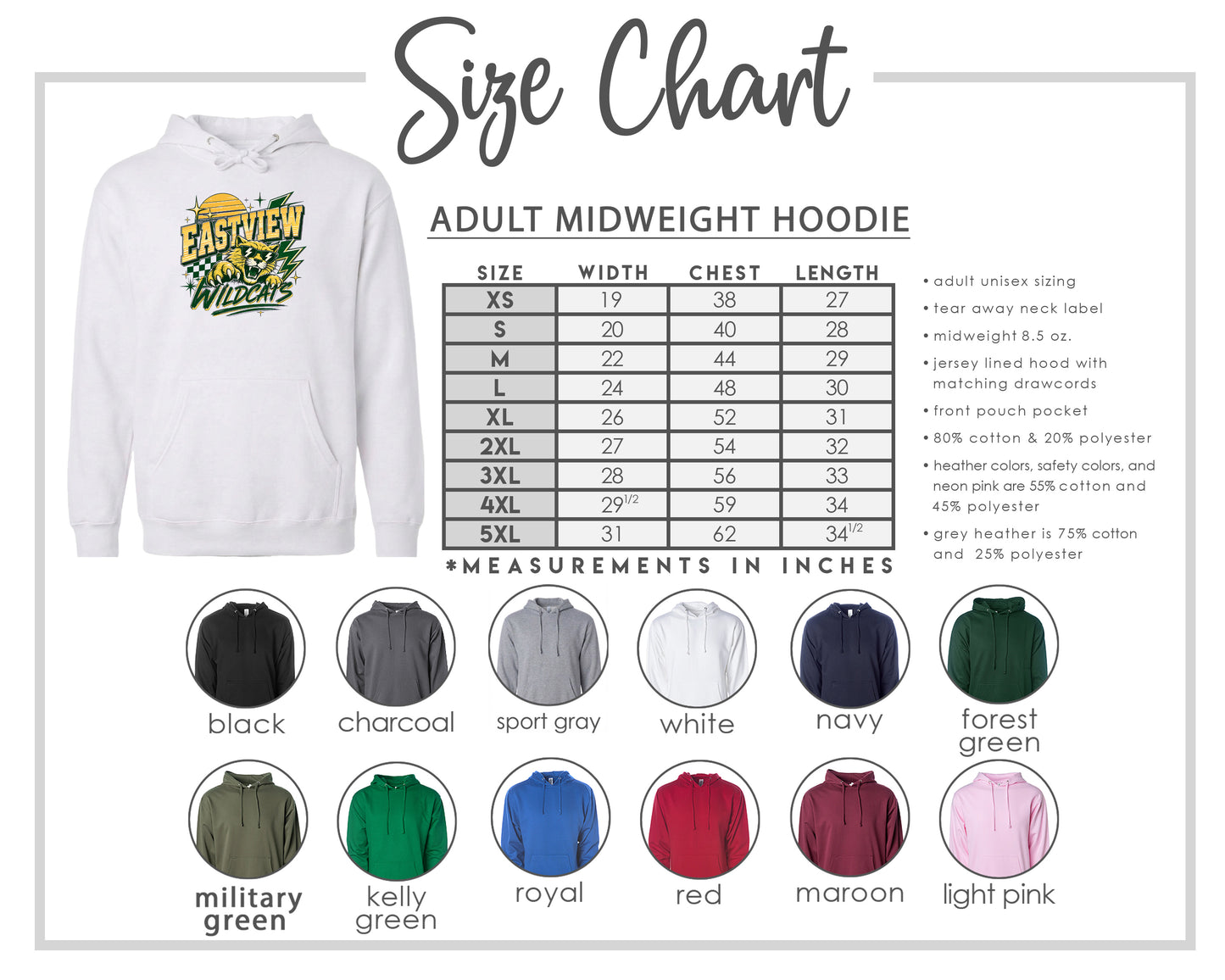 The image is a size chart for an adult midweight hoodie, including various color options and corresponding measurements in inches.
