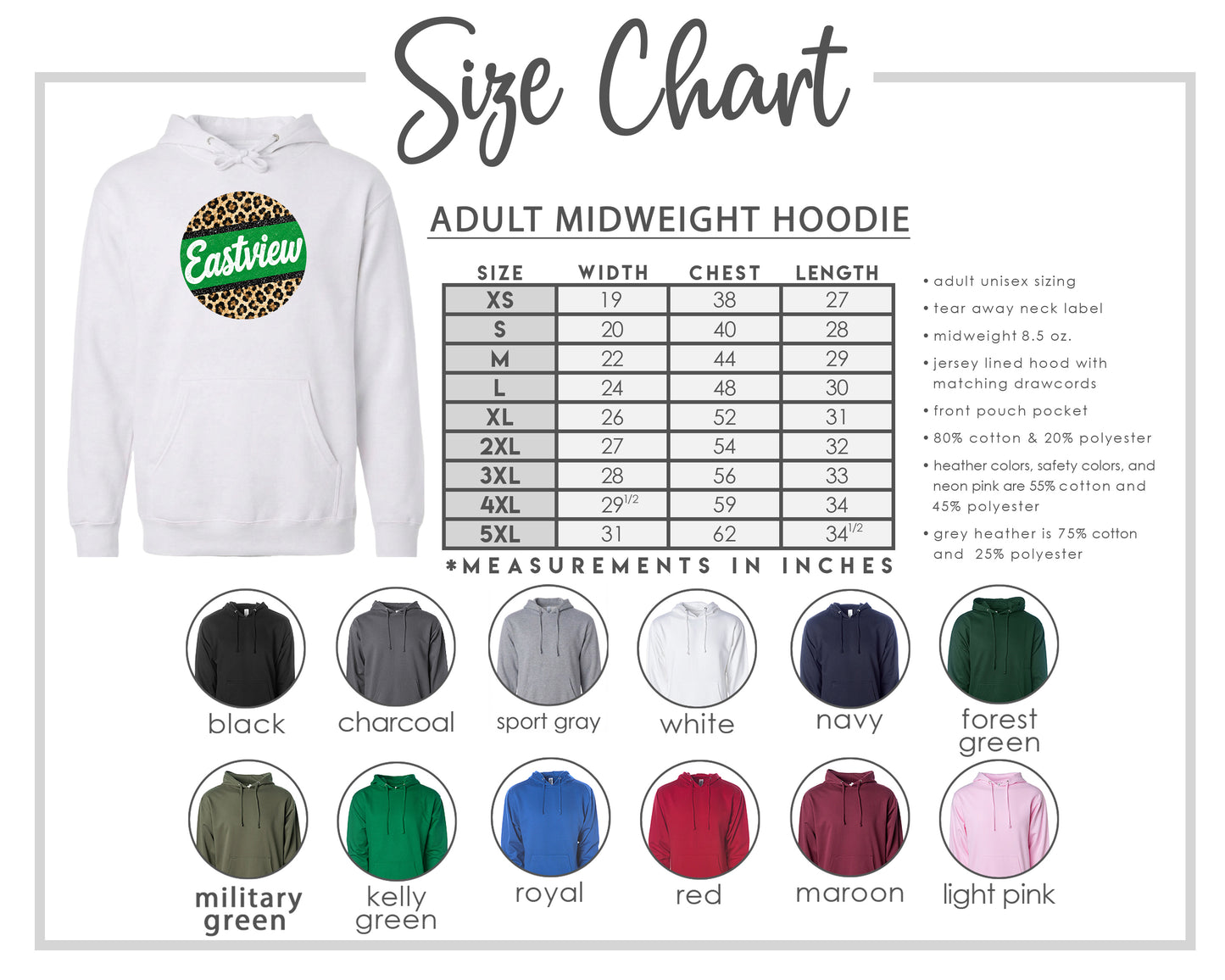 The image is a size chart for an adult midweight hoodie, including various color options and corresponding measurements in inches.