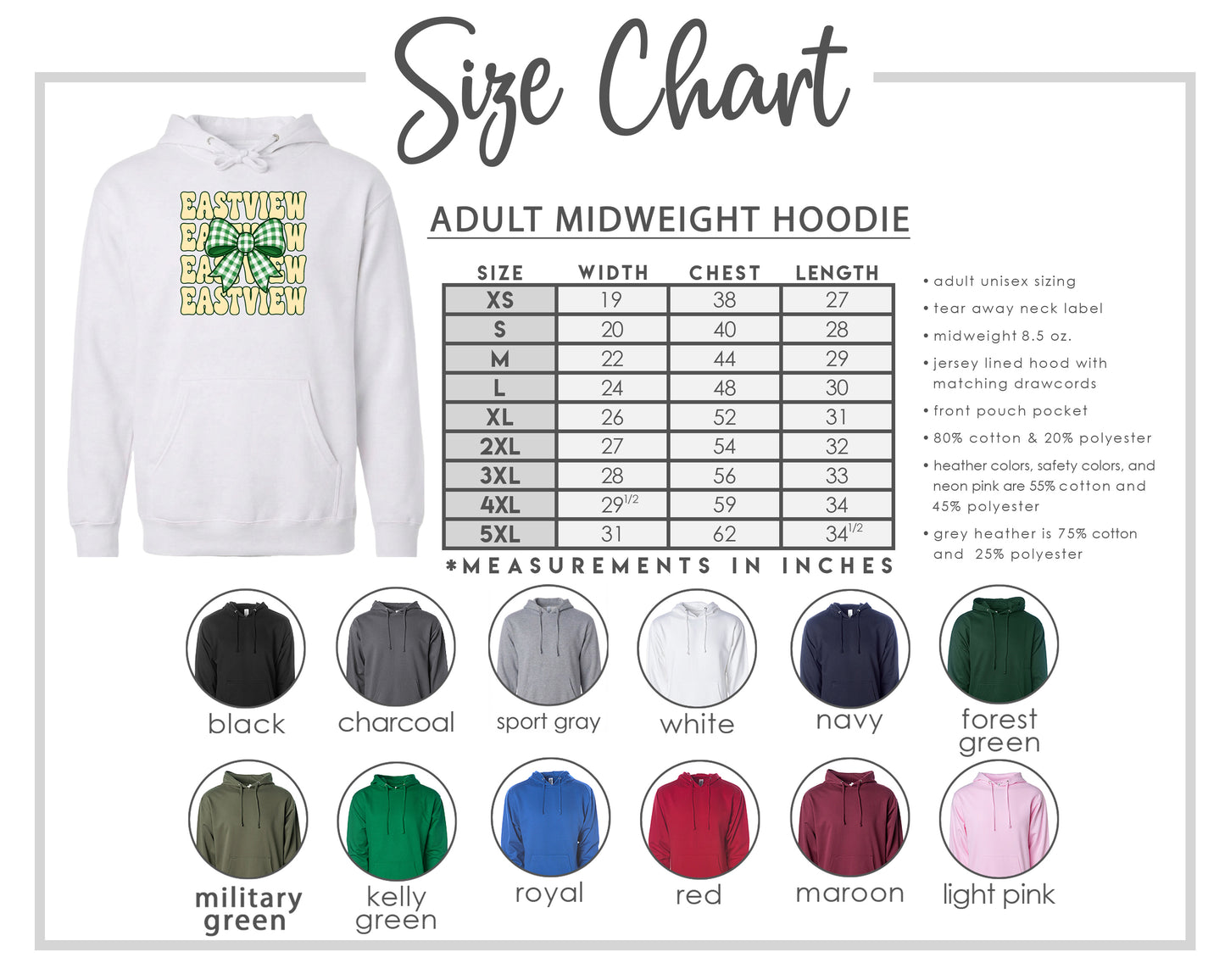 The image is a size chart for an adult midweight hoodie, including various color options and corresponding measurements in inches.
