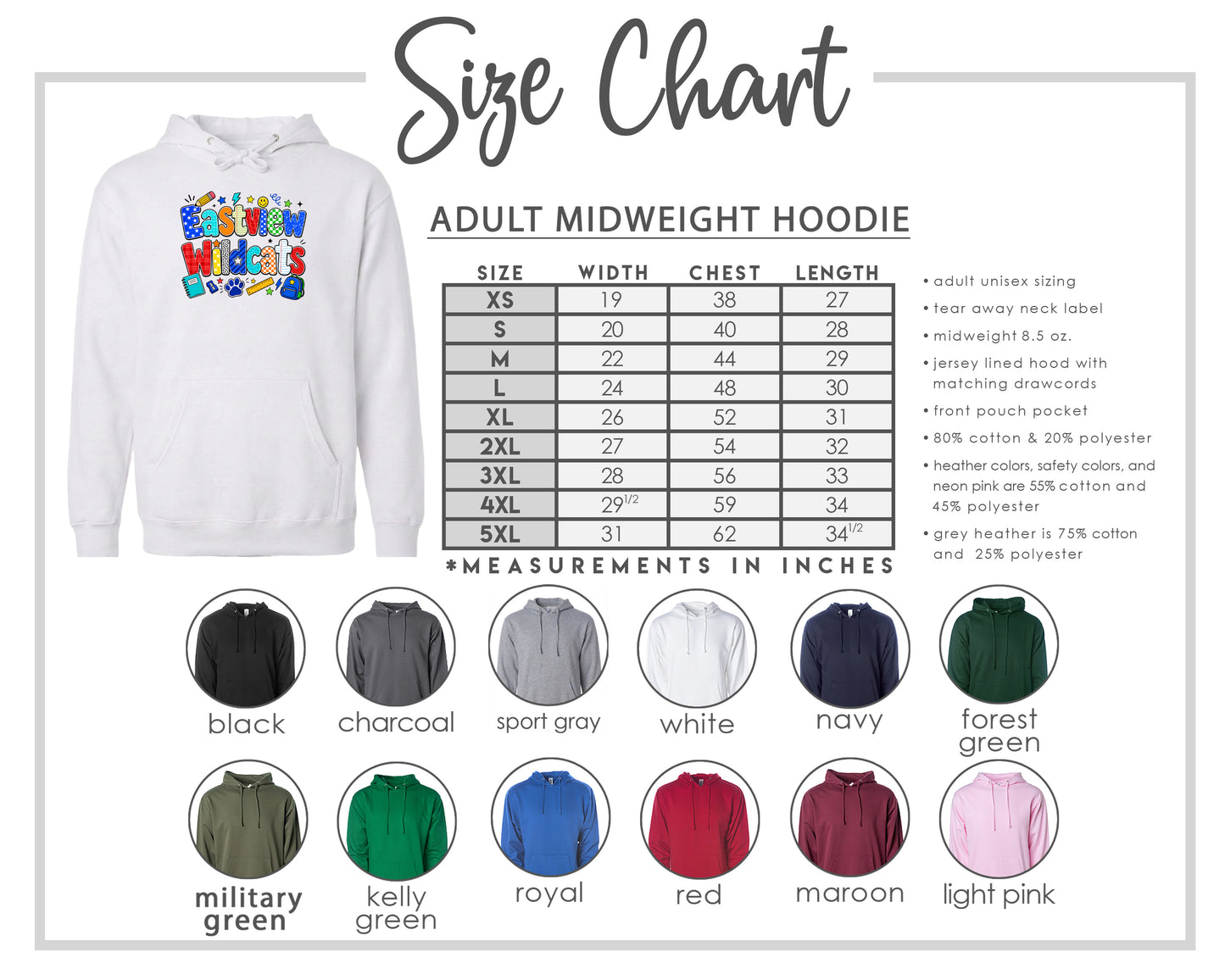 The image is a size chart for an adult midweight hoodie, including various color options and corresponding measurements in inches.