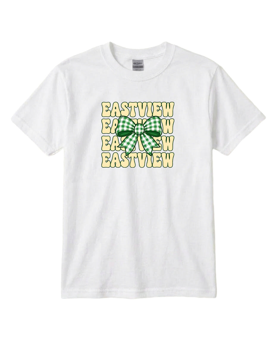 A white t-shirt with a graphic design featuring a green and white bow and the text "EASTVIEW" repeated multiple times in a vertical arrangement.