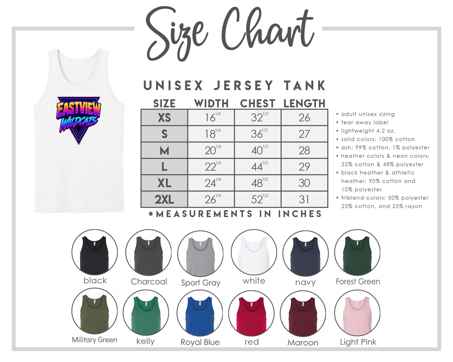 The image is a size chart for a unisex jersey tank, providing measurements for chest length, waist, and hip width. It includes a variety of tank colors and styles, such as black, charcoal, sport gray, navy, forest green, and light pink.