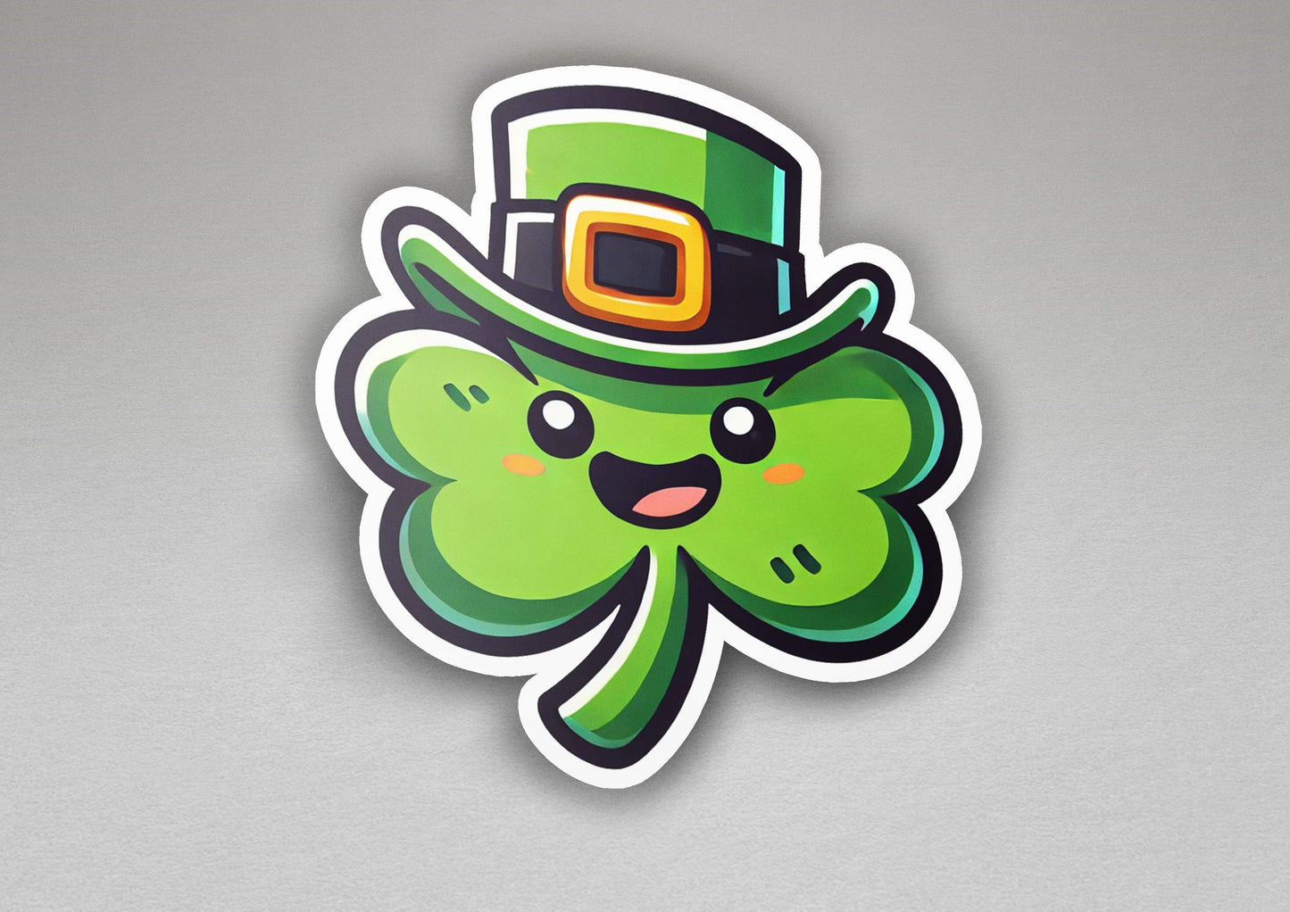a st patrick's day sticker with a green hat and a four leaf