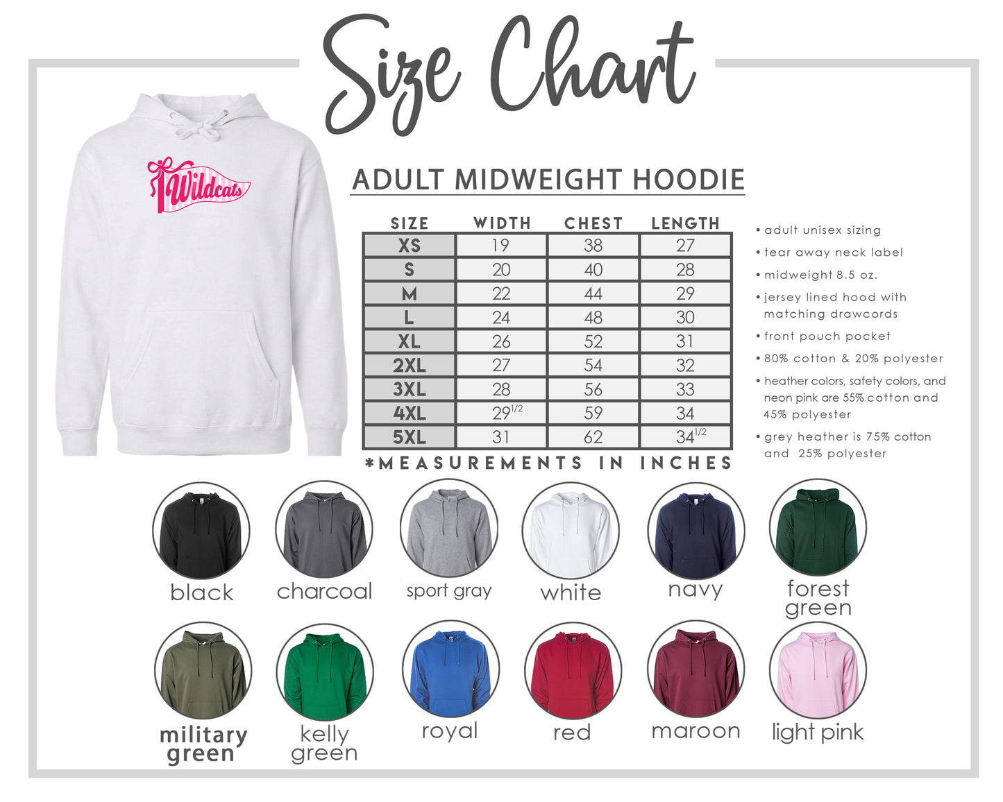 The image is a size chart for an adult midweight hoodie, including various color options and corresponding measurements in inches.