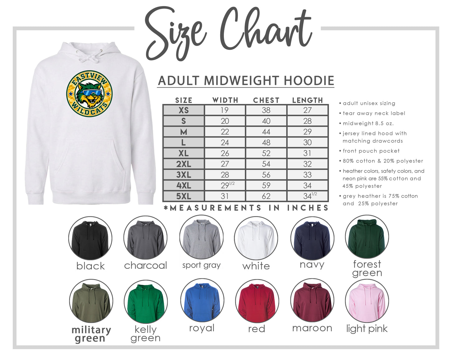 The image is a size chart for an adult midweight hoodie, including various color options and corresponding measurements in inches.