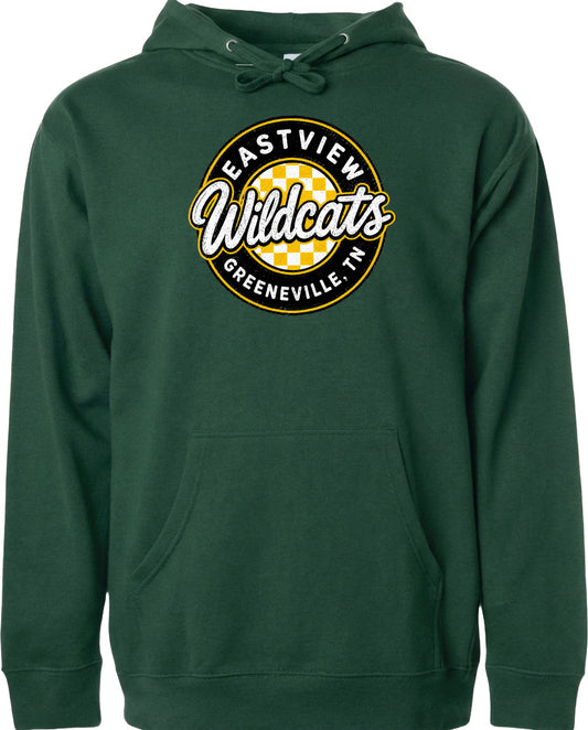 A dark green hoodie with a circular logo on the front.