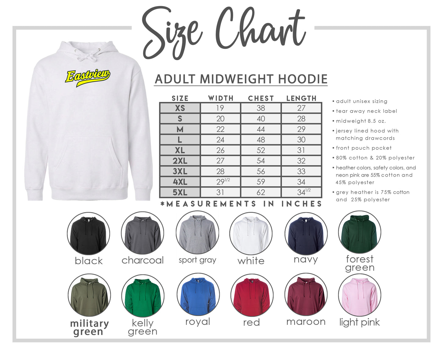 The image is a size chart for an adult midweight hoodie, including various color options and corresponding measurements in inches.