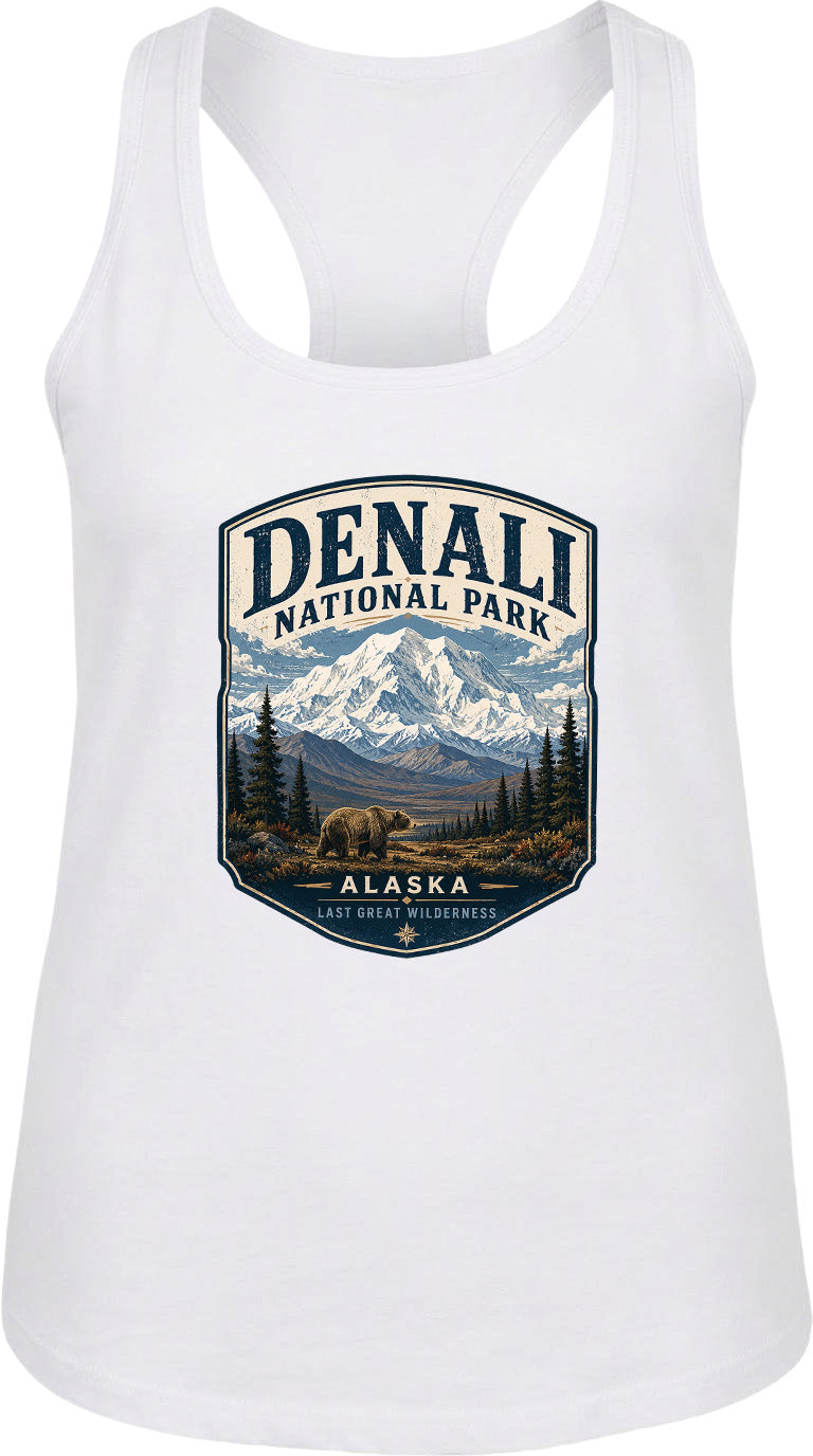 A white tank top with a graphic design depicting the Denali National Park in Alaska, featuring a mountain landscape with a bear in the foreground.