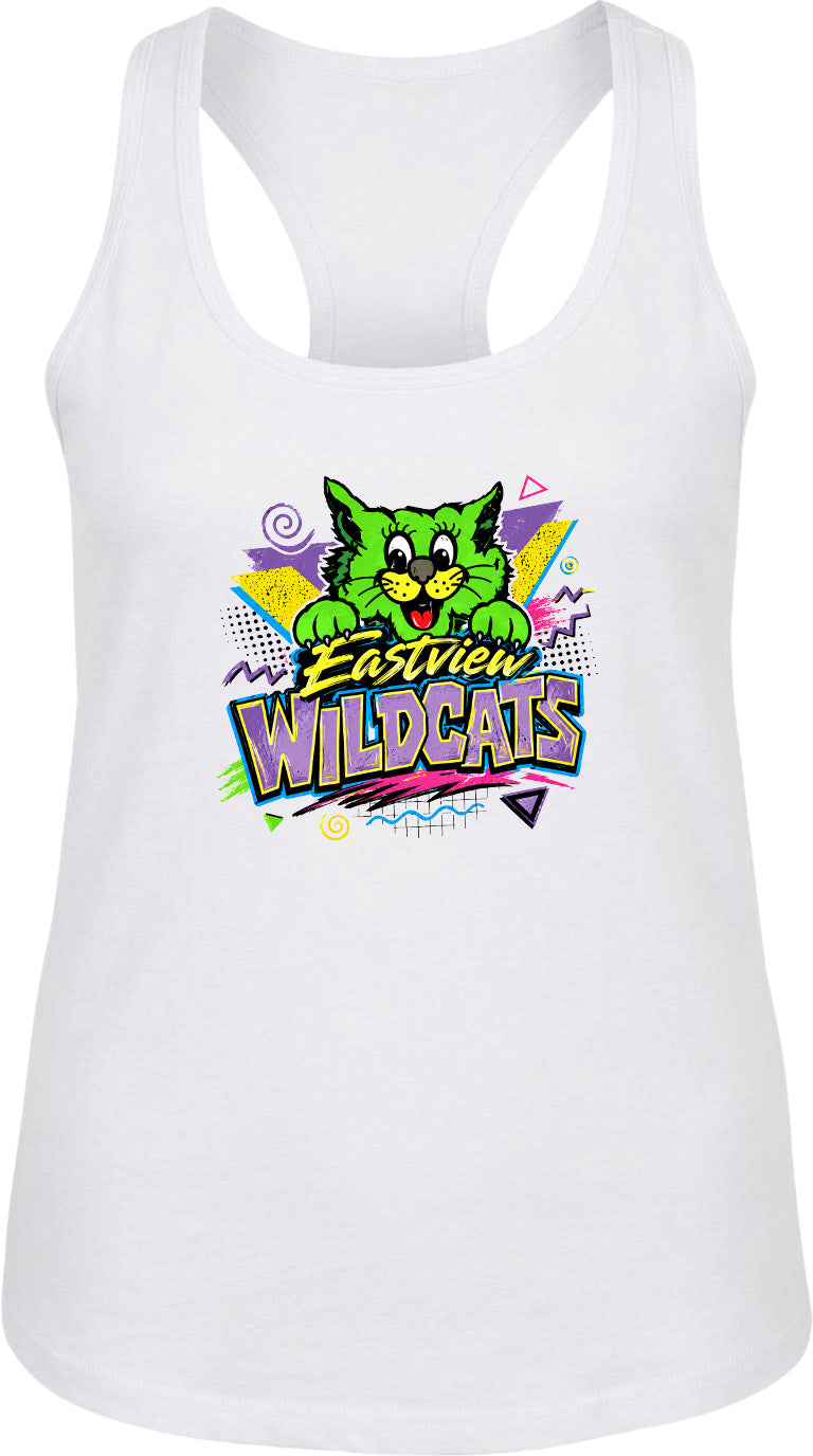 A white tank top with a colorful graphic design featuring a cartoon cat and the text "Eastview Wildcats".