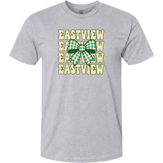 A gray t-shirt with a graphic design featuring a green and white checkered bow and the word "EASTVIEW" repeated in a vertical pattern.