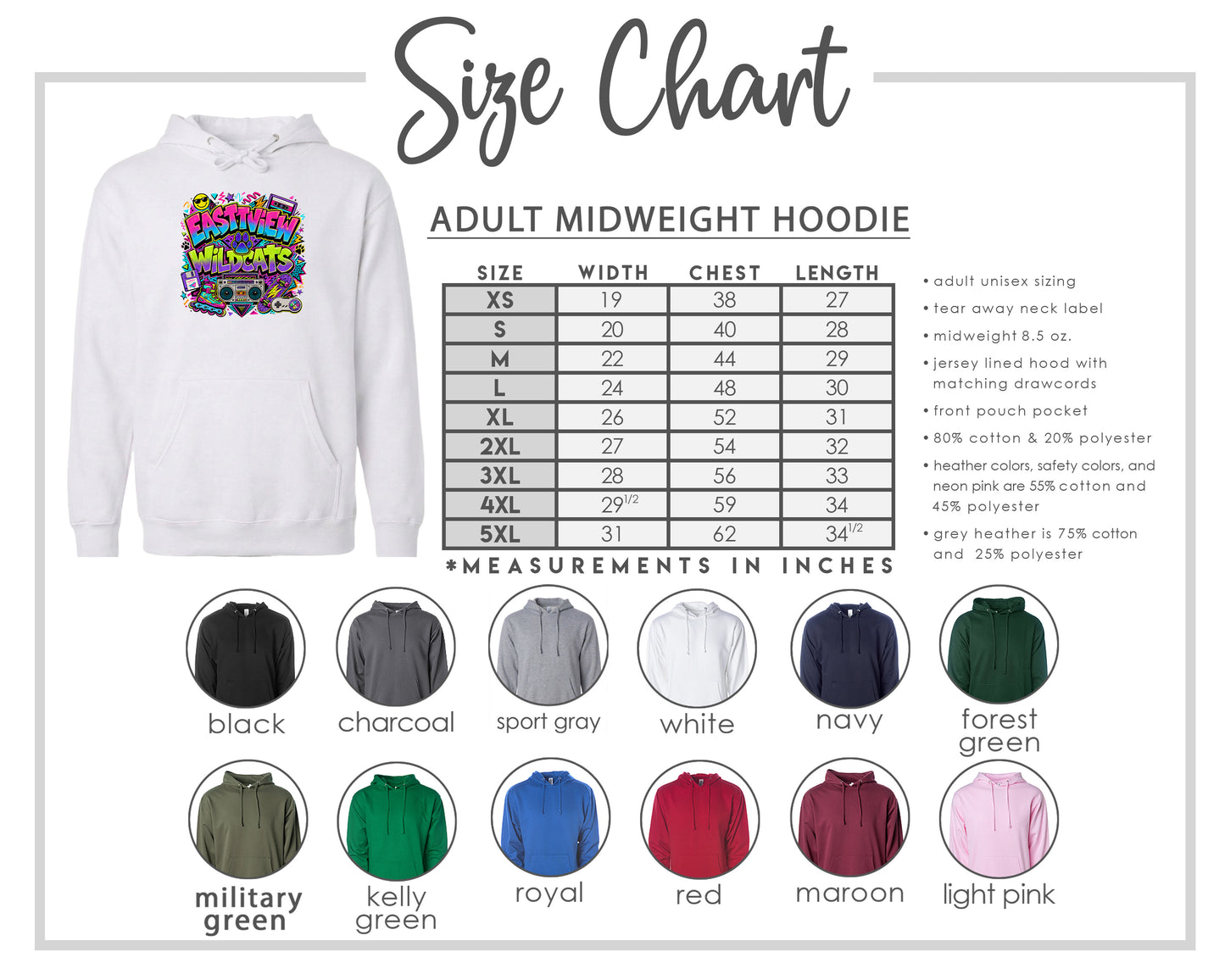 The image is a size chart for an adult midweight hoodie, including various color options and corresponding measurements in inches.