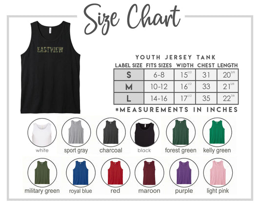 The image is a size chart for a youth jersey tank, displaying various color options and corresponding measurements in inches.