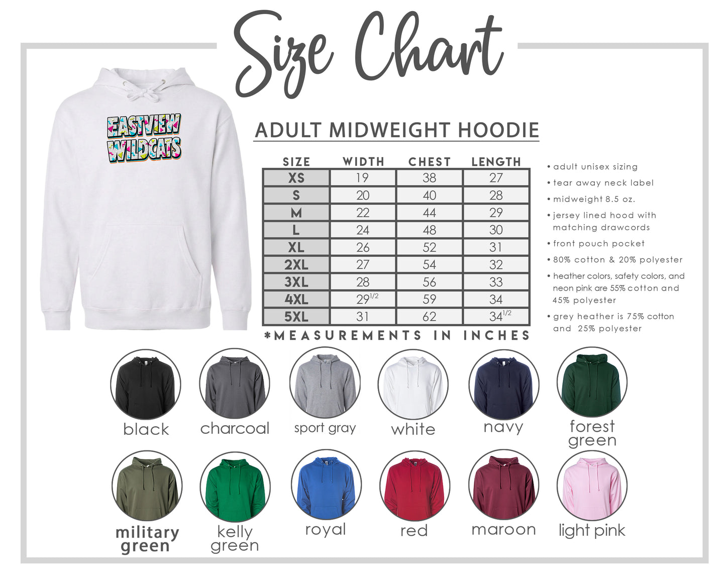 The image is a size chart for an adult midweight hoodie, including various color options and corresponding measurements in inches.