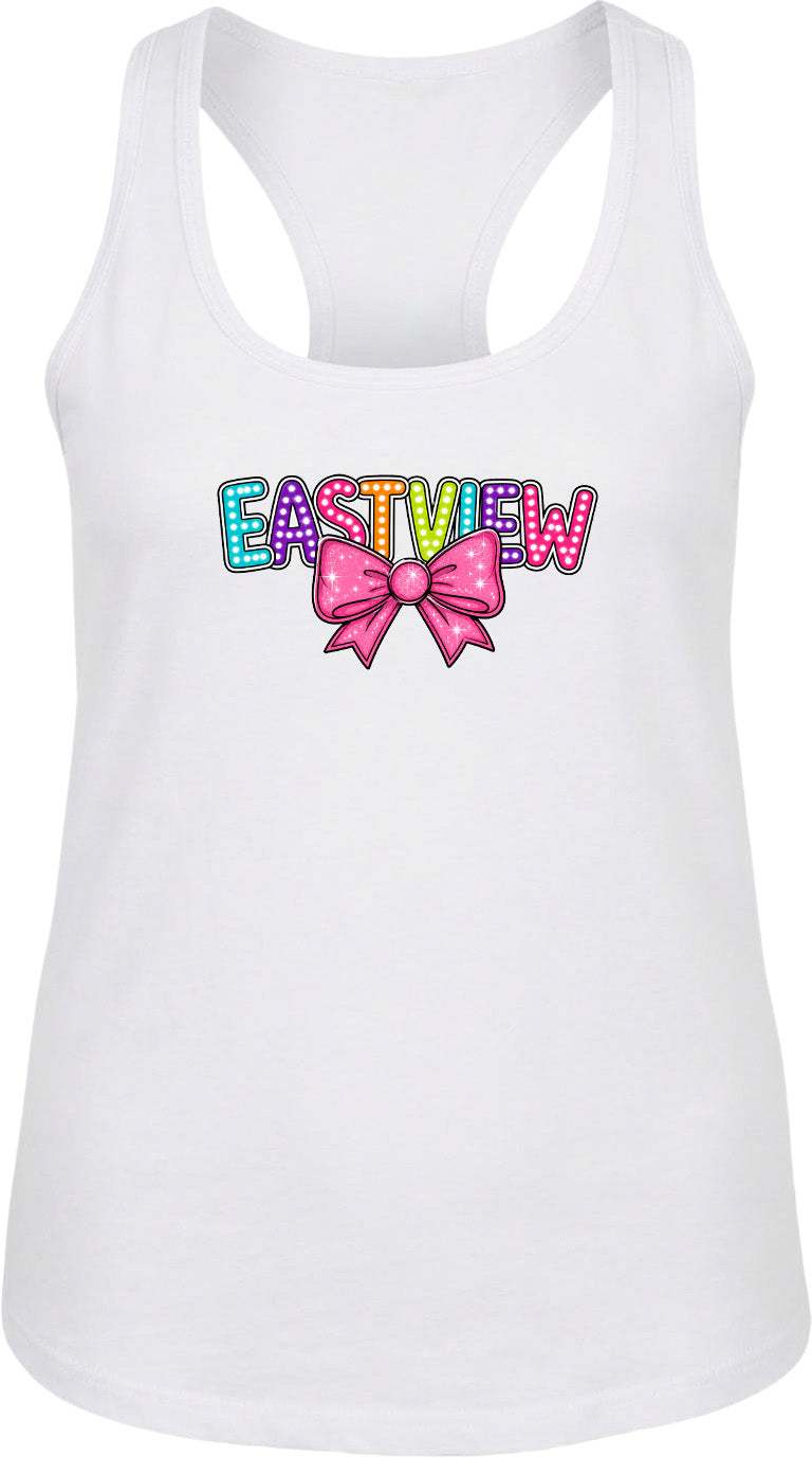 A white tank top with the word "EASTVIEW" printed on it in a colorful, stylized font.