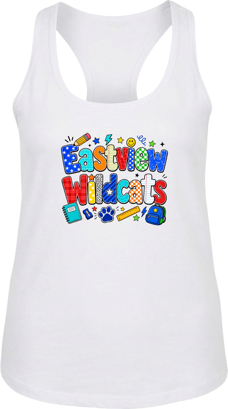 A white tank top with a colorful graphic design featuring the text "Eastview Wildcats" surrounded by various school-related icons and objects.