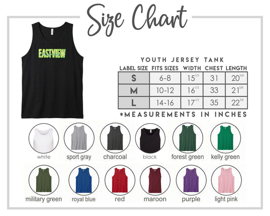 The image is a size chart for a youth jersey tank, displaying various color options and corresponding measurements in inches.