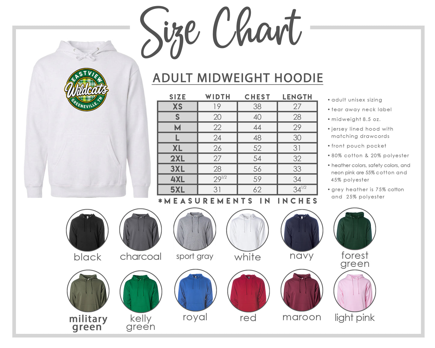 The image is a size chart for an adult midweight hoodie, including various color options and corresponding measurements in inches.