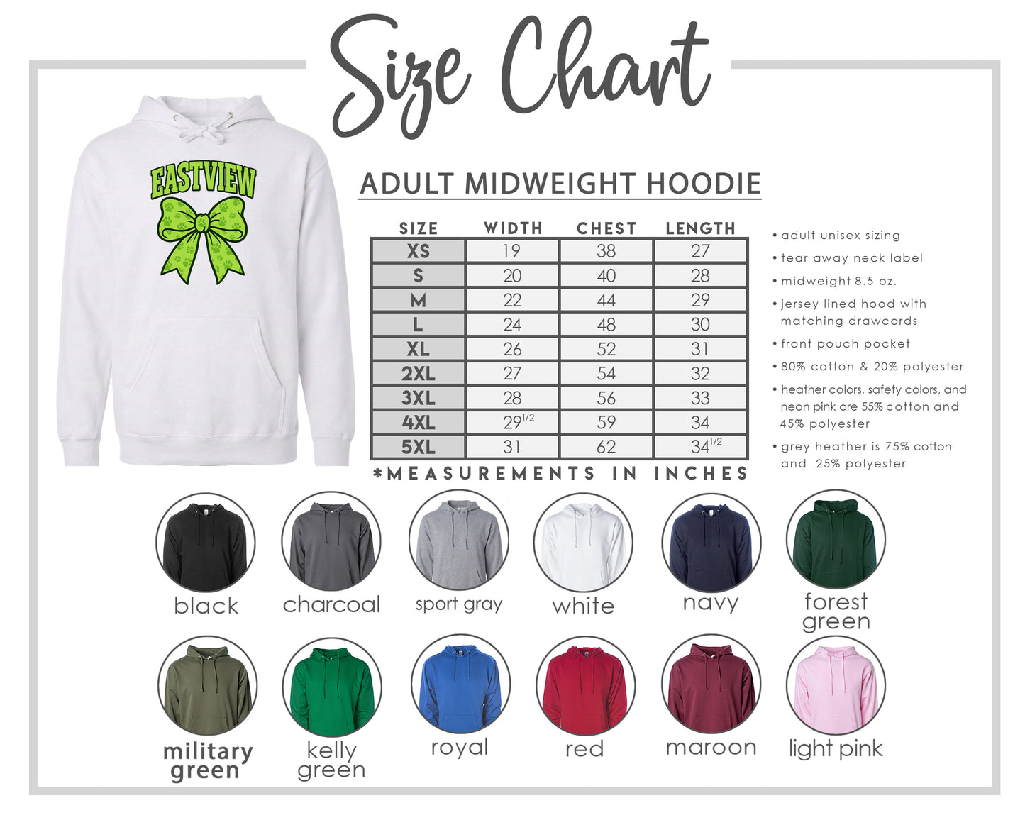 The image is a size chart for an adult midweight hoodie, including various color options and corresponding measurements in inches.