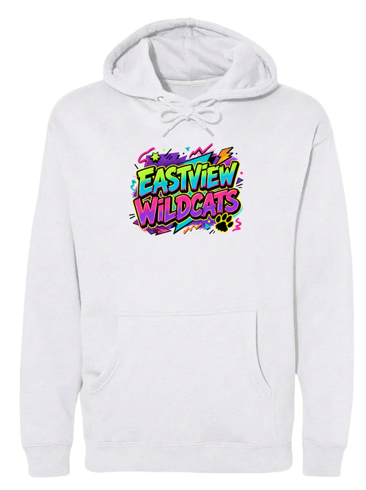 A white hoodie with a colorful graphic design featuring the text "EASTVIEW WILDCATS" in a vibrant, graffiti-style font.