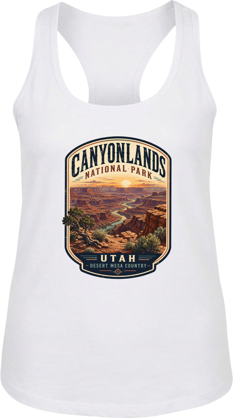 A white tank top with a graphic design depicting the scenic landscape of Canyonlands National Park in Utah.