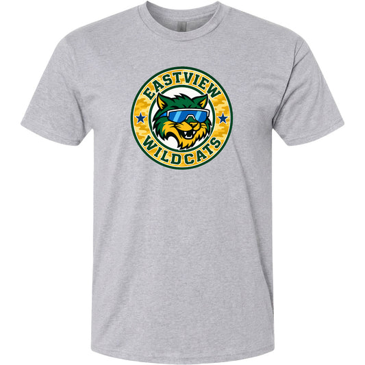 A gray t-shirt with a circular logo featuring a cartoon cat wearing sunglasses and the text "EASTVIEW WILDCATS".