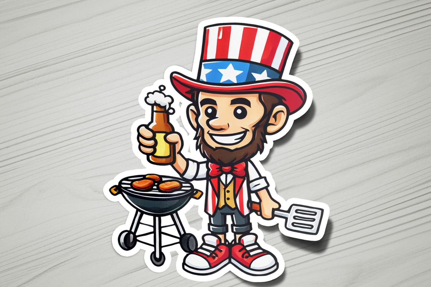 a sticker of a man with a beer and a grill