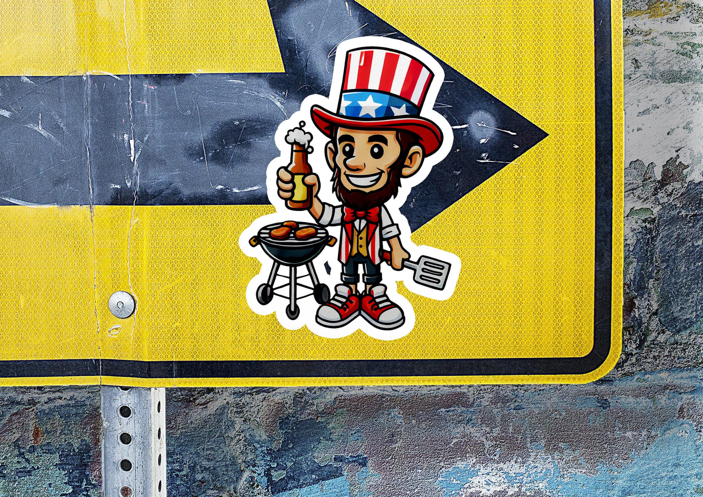 a street sign with a sticker of a man holding a bbq