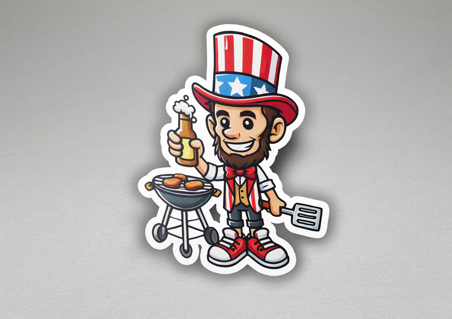 a sticker of a man holding a beer and a bbq