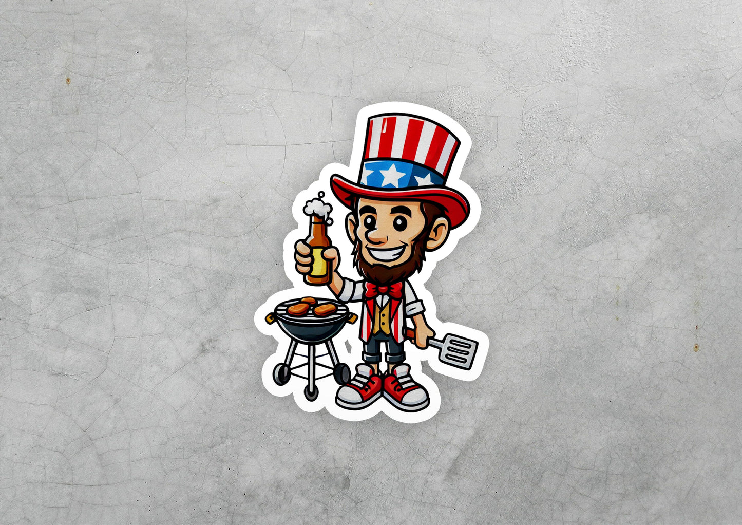 a sticker of a man with a beer and a grill