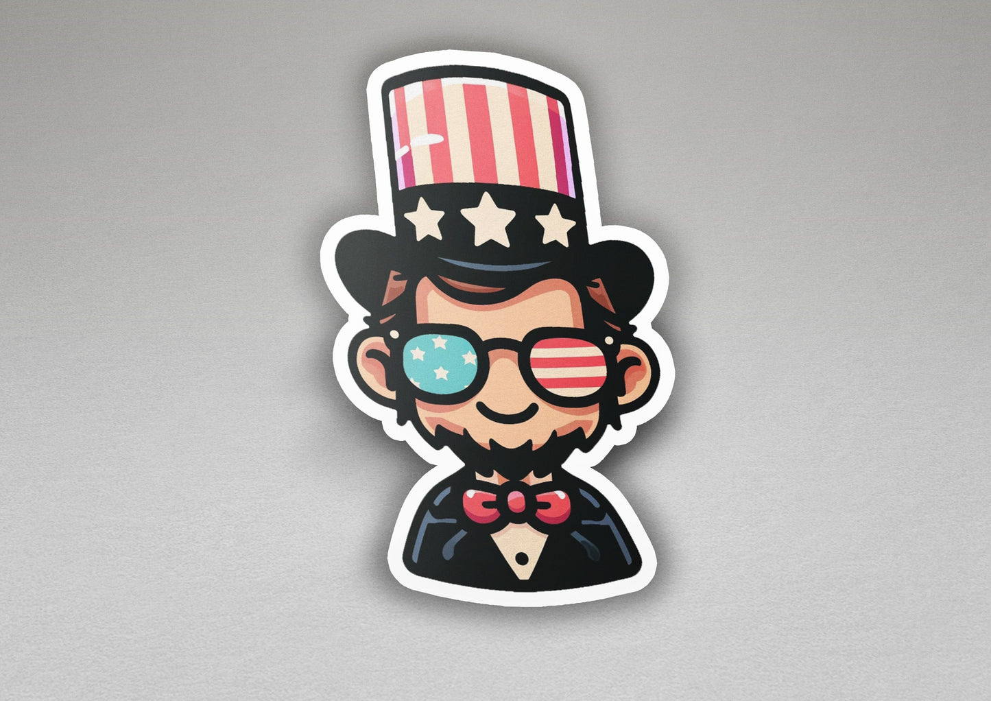a sticker of a man wearing a top hat and sunglasses