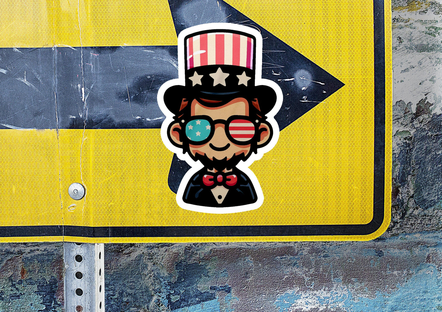 a street sign with a sticker of a man wearing a top hat and glasses