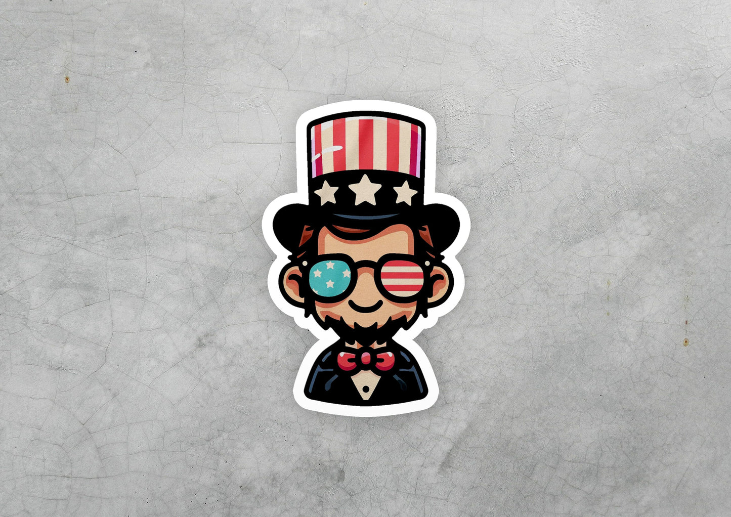 a sticker of a man wearing a top hat and glasses