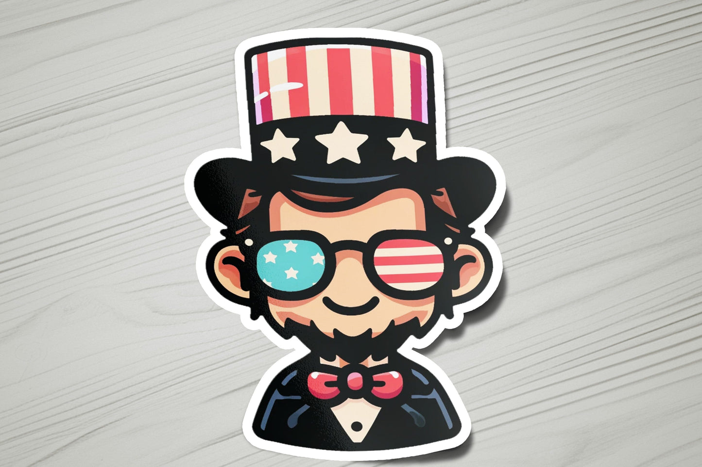 a sticker of a man wearing a top hat and glasses