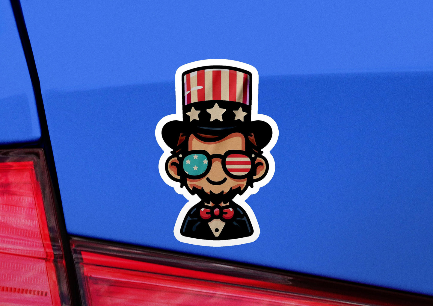 a sticker of a man wearing a top hat and glasses