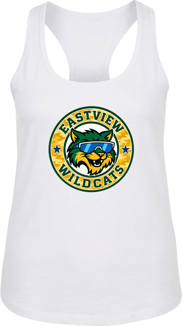 A white tank top with a graphic design featuring a cartoon cat wearing sunglasses and the text "EASTVIEW WILDCATS" around it.