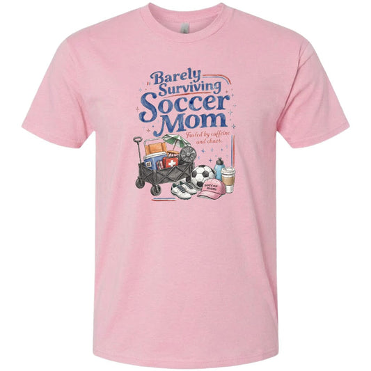 ADULT Barely Surviving Soccer Mom Chest Logo T Shirt | Hoodie | Long Sleeve | Sweatshirt | Crew Neck | Tank Top Fiesta Doodle T Shirt XS Light Pink waterproof vinyl sticker. dishwasher safe outdoor sticker.