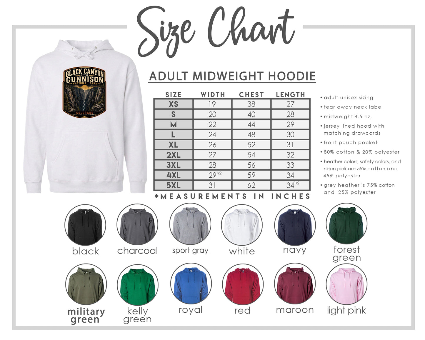 The image is a size chart for an adult midweight hoodie, including various color options and corresponding measurements in inches.