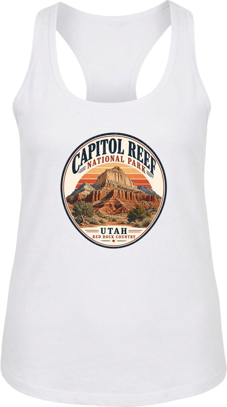 A white tank top with a circular design featuring the Capitol Reef National Park in Utah.