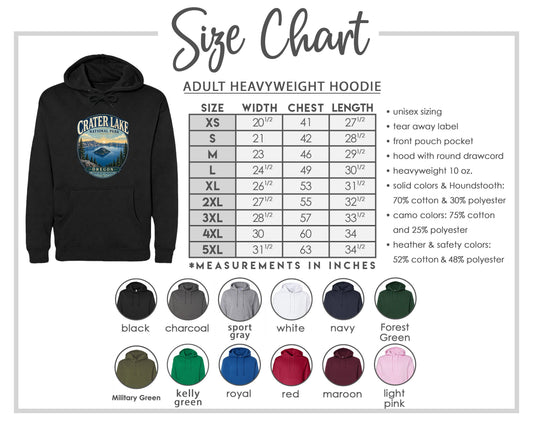 The image is a size chart for an adult heavyweight hoodie, including various color options and measurements in inches.