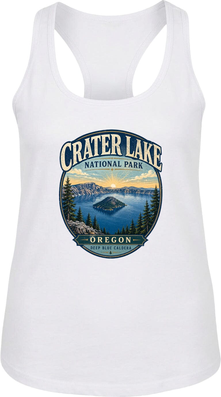 A white tank top with a graphic design depicting Crater Lake National Park in Oregon.