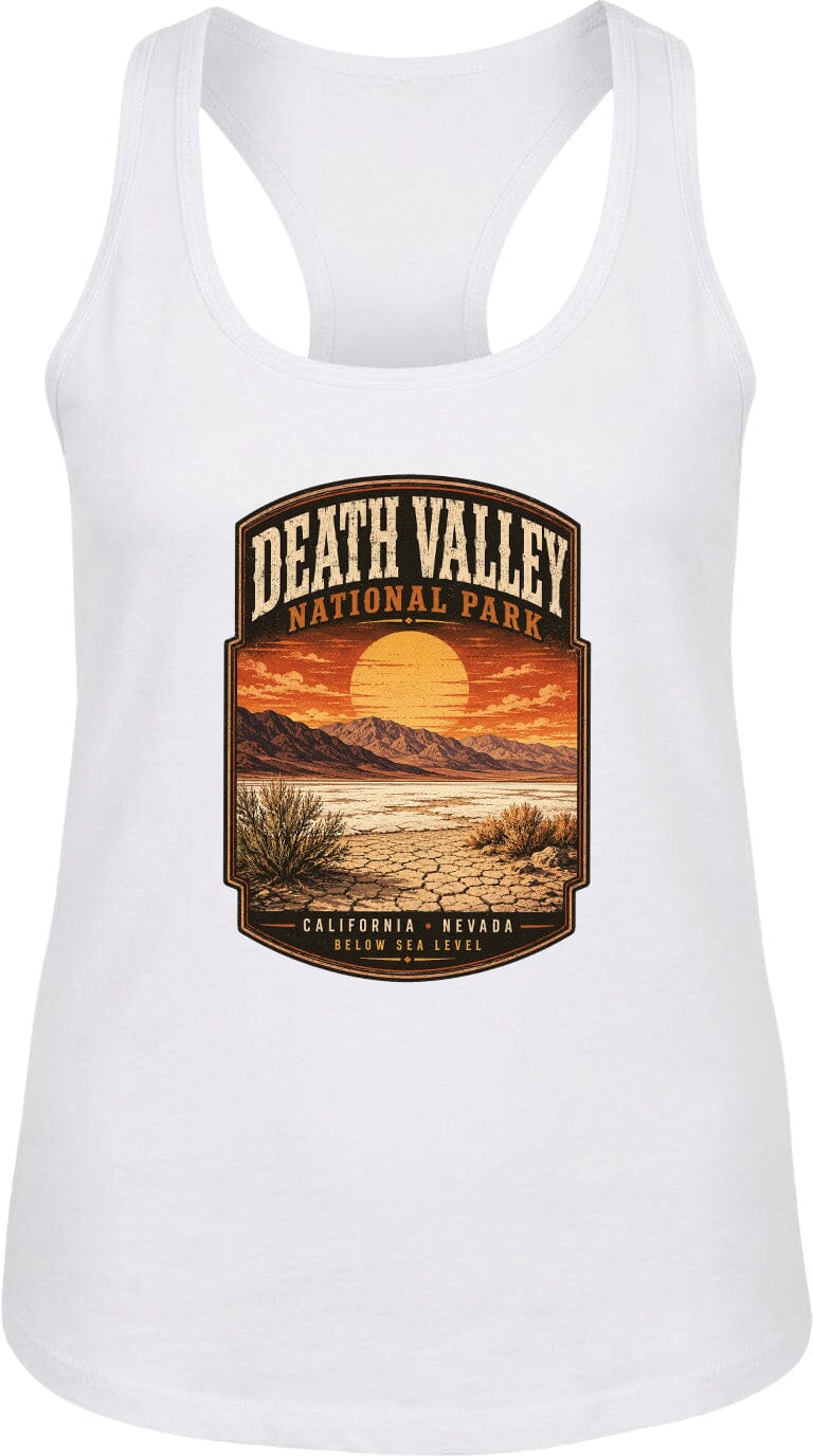 A white tank top with a graphic design depicting Death Valley National Park, including a sunset landscape and mountains.