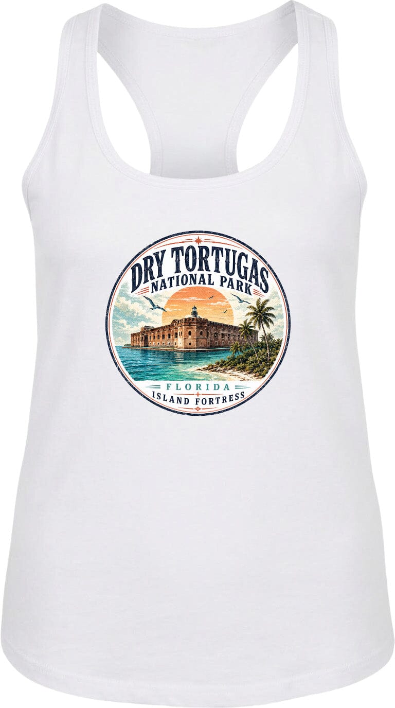 A white tank top with a circular graphic design featuring a building and palm trees, along with the text "Dry Tortugas National Park, Florida Island Fortress".