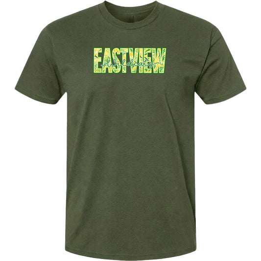 A dark green t-shirt with the text "EASTVIEW" printed on it in a stylized font.