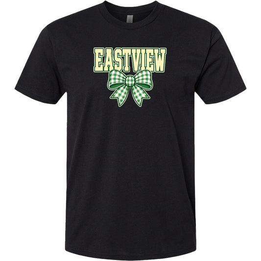 A black t-shirt with a green and white bow and the word "EASTVIEW" printed on it.