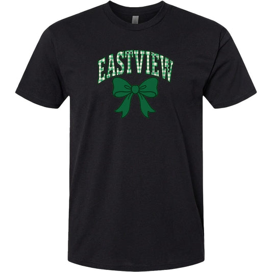 A black t-shirt with a green bow and the word "EASTVIEW" printed on it.