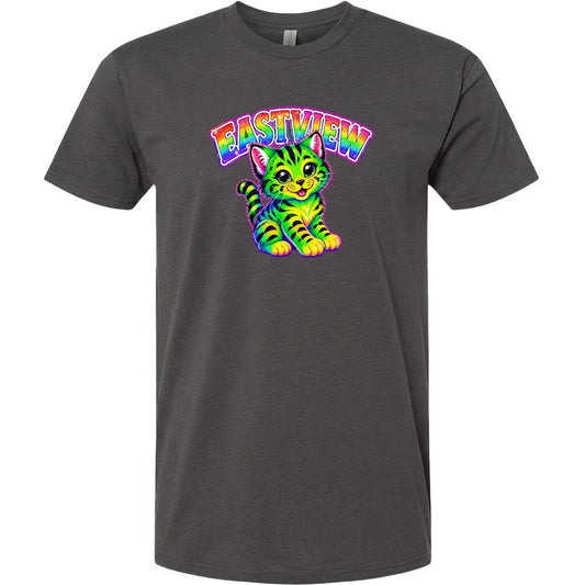 A gray t-shirt with a colorful graphic design depicting a cat with a rainbow-colored pattern.
