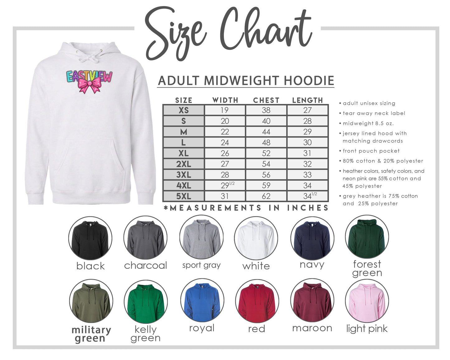 The image is a size chart for an adult midweight hoodie, including various color options and corresponding measurements in inches.